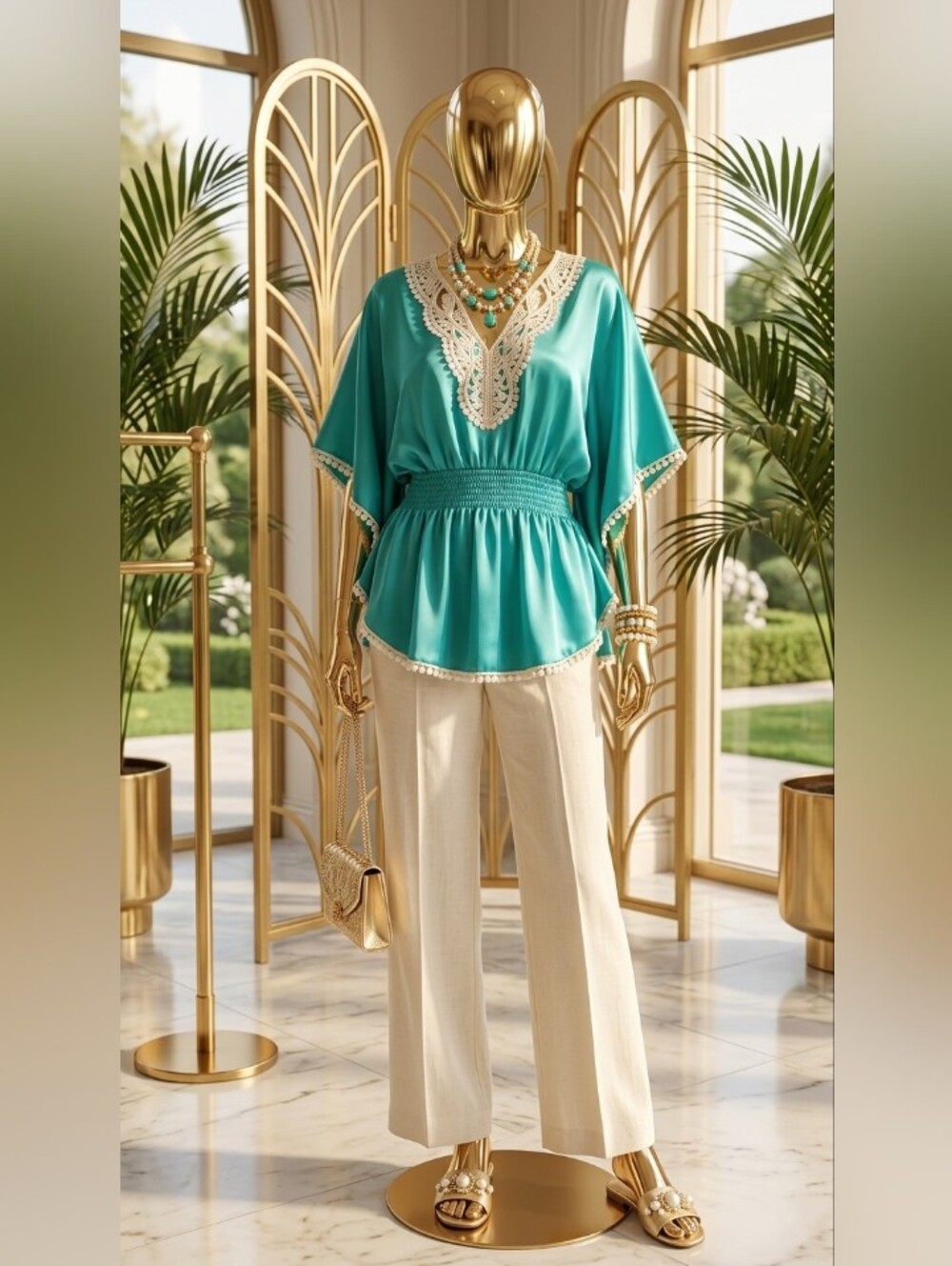 Turquoise Peasant Blouse with Lace Trim
